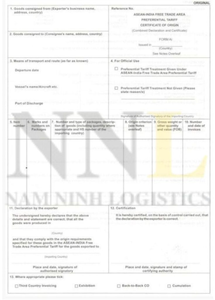 Mẫu giấy chứng nhận xuất xứ hàng hóa mẫu AI (C/O Form AI) Mẫu giấy chứng nhận xuất xứ hàng hóa mẫu AI (C/O Form AI)