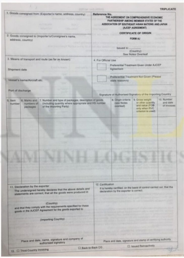 Mẫu giấy chứng nhận xuất xứ hàng hóa mẫu AJ (C/O Form A Mẫu giấy chứng nhận xuất xứ hàng hóa mẫu AJ (C/O Form A